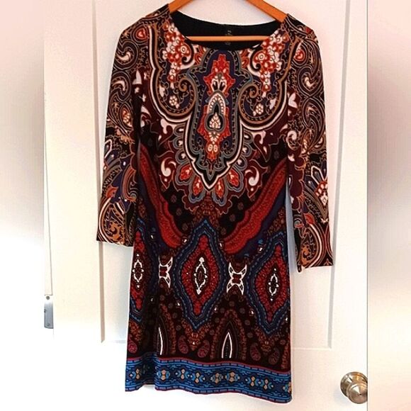 INC Scoopneck Paisley Sheath Dress 3/4 Sleeves Sz Small - Picture 1 of 10